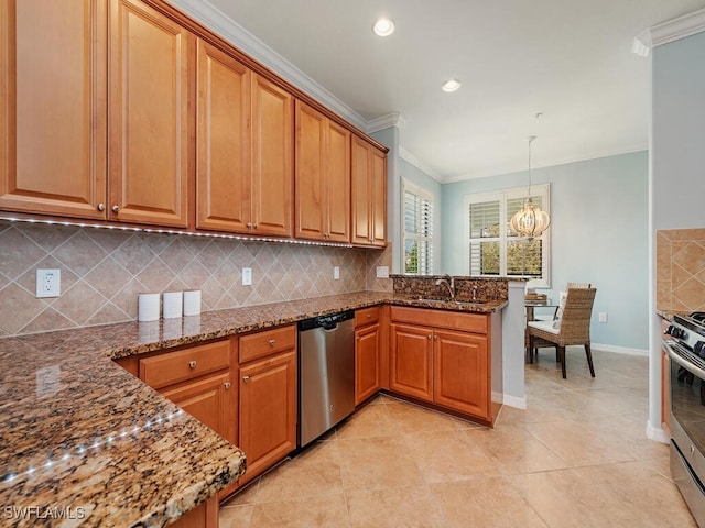 kitchen with brown cabinetry, decorative backsplash, dark stone counters, appliances with stainless steel finishes, and a peninsula