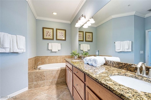 full bath featuring crown molding, tile patterned flooring, a garden tub, and a sink