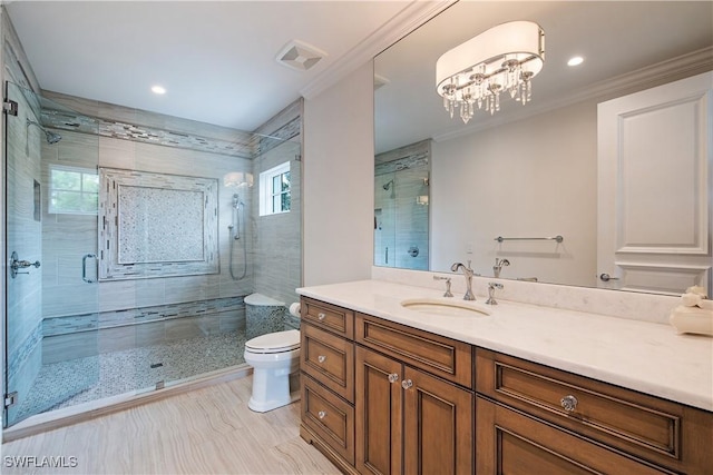233 Mermaids Bight, Naples, FL 34103 - bathroom featuring recessed lighting, a shower stall, toilet, vanity, and crown molding