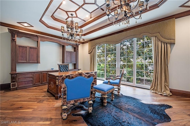 233 Mermaids Bight, Naples, FL 34103 - dining room featuring crown molding, a raised ceiling, wood finished floors, and a chandelier