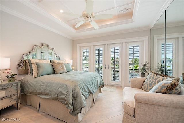 233 Mermaids Bight, Naples, FL 34103 - bedroom featuring crown molding, ceiling fan, light wood finished floors, french doors, and access to outside