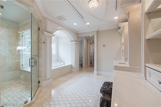 233 Mermaids Bight, Naples, FL 34103 - full bath featuring visible vents, a stall shower, a bath, ornamental molding, and decorative columns
