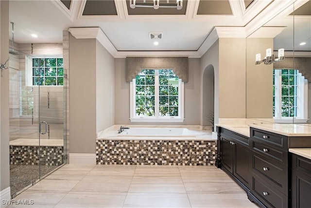 233 Mermaids Bight, Naples, FL 34103 - full bath featuring a garden tub, a shower stall, ornamental molding, and a healthy amount of sunlight