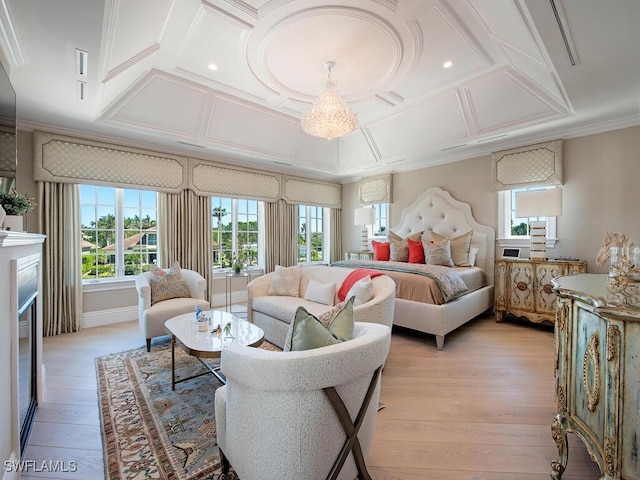 233 Mermaids Bight, Naples, FL 34103 - bedroom with light wood-type flooring, coffered ceiling, crown molding, and a glass covered fireplace
