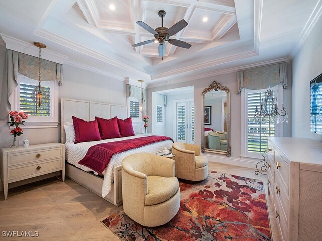 233 Mermaids Bight, Naples, FL 34103 - bedroom featuring beamed ceiling, ceiling fan, coffered ceiling, and crown molding