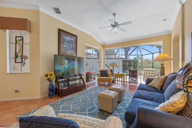 tiled living area with a sunroom, baseboards, visible vents, and ornamental molding