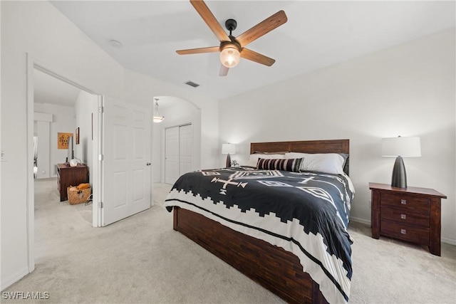 23039 Lone Oak Dr, Estero, FL 33928 - bedroom featuring light carpet, ceiling fan, a closet, and visible vents