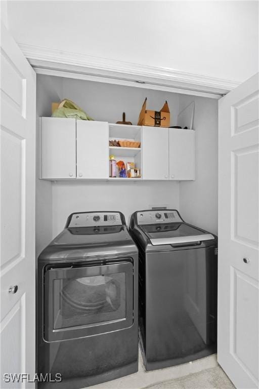 23039 Lone Oak Dr, Estero, FL 33928 - clothes washing area featuring washing machine and clothes dryer and cabinet space