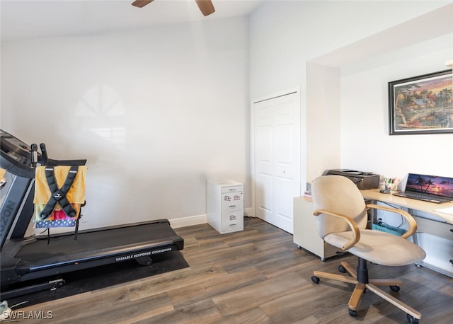 5858 Westbourgh Ct, Naples, FL 34112 - office area with ceiling fan and dark wood-style flooring