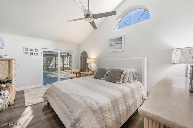5858 Westbourgh Ct, Naples, FL 34112 - bedroom with ceiling fan, high vaulted ceiling, baseboards, access to exterior, and dark wood-style floors