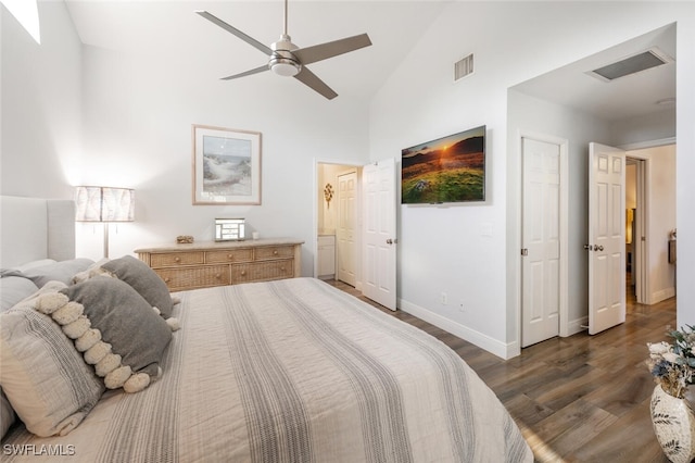 5858 Westbourgh Ct, Naples, FL 34112 - bedroom featuring dark wood-style floors, visible vents, high vaulted ceiling, and baseboards