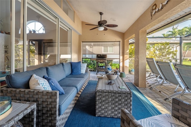 5858 Westbourgh Ct, Naples, FL 34112 - sunroom featuring vaulted ceiling, plenty of natural light, and a ceiling fan