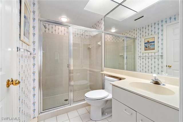 bathroom featuring a stall shower, tile patterned flooring, toilet, and wallpapered walls