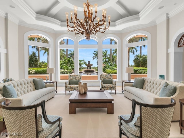 sunroom / solarium featuring coffered ceiling and an inviting chandelier