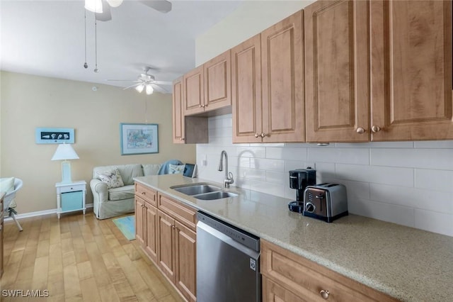 77 Silver Oaks Cir Unit 8-104, Naples, FL 34119 - kitchen with stainless steel dishwasher, a sink, ceiling fan, decorative backsplash, and light wood-type flooring