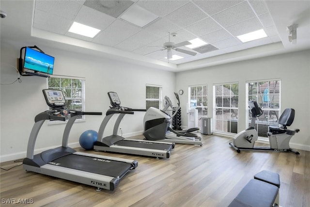 gym with baseboards, a raised ceiling, plenty of natural light, and wood finished floors