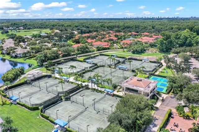 drone / aerial view with a water view