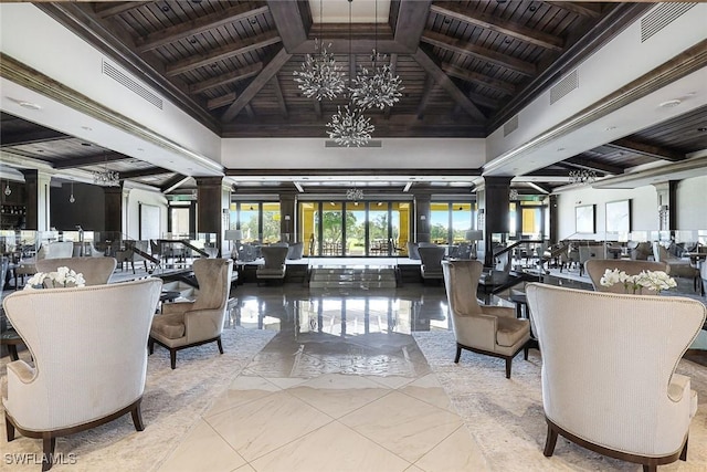 77 Silver Oaks Cir Unit 8-104, Naples, FL 34119 - building lobby with wood ceiling with exposed beams and high vaulted ceiling
