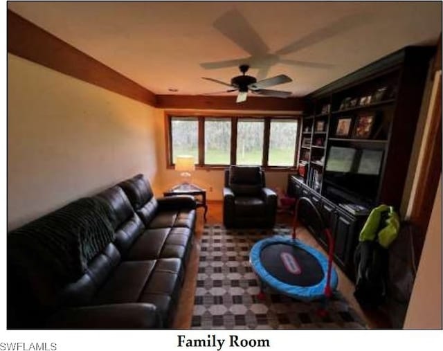 living room with ceiling fan