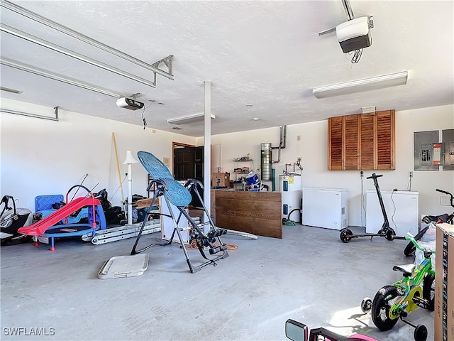 garage with a garage door opener, electric panel, fridge, and electric water heater