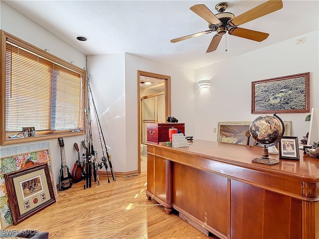 office featuring ceiling fan and light wood-type flooring