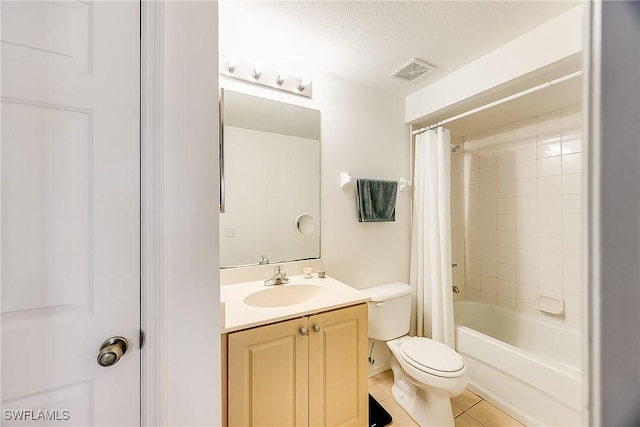 bathroom with visible vents, toilet, tile patterned flooring, shower / bath combination with curtain, and vanity