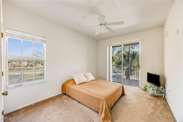 bedroom with light carpet, a ceiling fan, and access to outside
