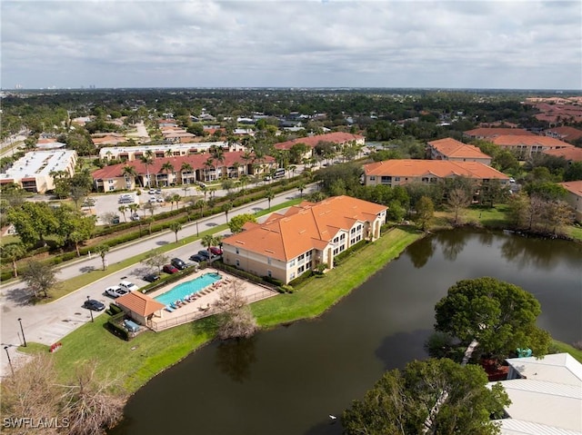 drone / aerial view with a water view