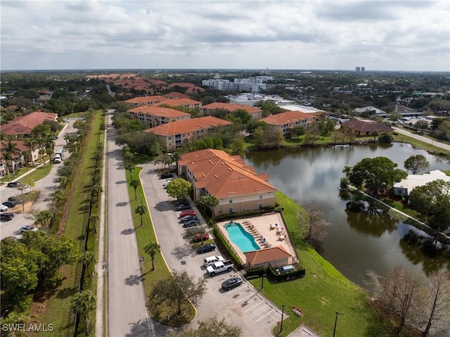 drone / aerial view featuring a water view