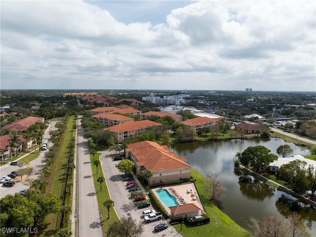 aerial view featuring a water view