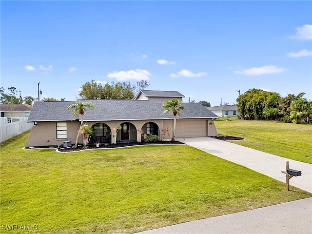 view of front of house featuring an attached garage, fence, concrete driveway, stucco siding, and a front yard