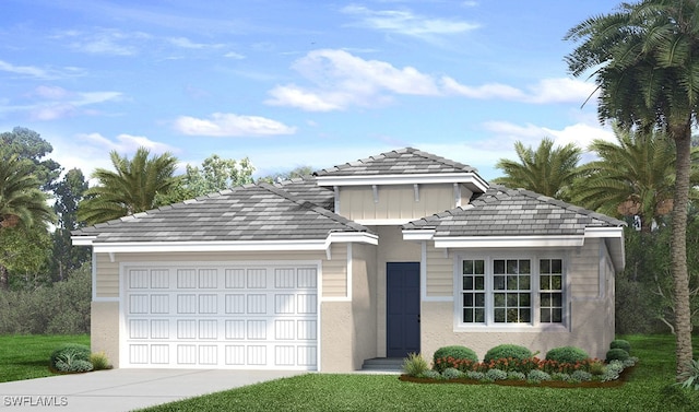 view of front of property featuring a garage, concrete driveway, and stucco siding