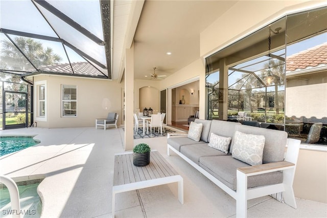 view of patio featuring a lanai, an outdoor pool, an outdoor hangout area, and outdoor dining space