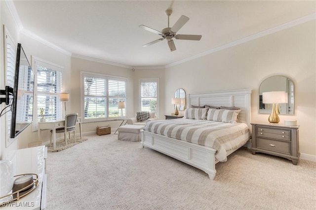 bedroom featuring a ceiling fan, light carpet, crown molding, and baseboards