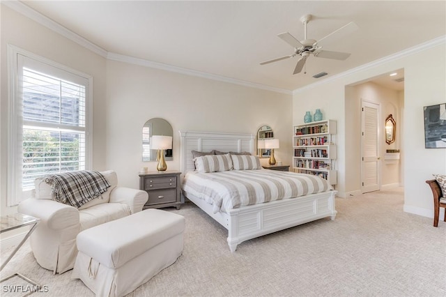 bedroom featuring light carpet, crown molding, visible vents, and baseboards