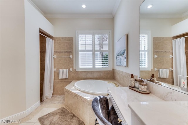 full bathroom with tile patterned flooring, ornamental molding, a tile shower, and a bath