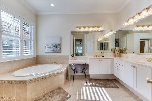 bathroom featuring crown molding, double vanity, a sink, tile patterned flooring, and a bath