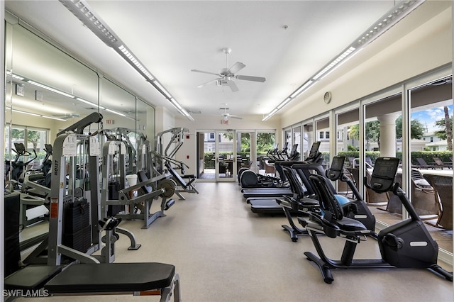exercise room featuring ceiling fan and plenty of natural light