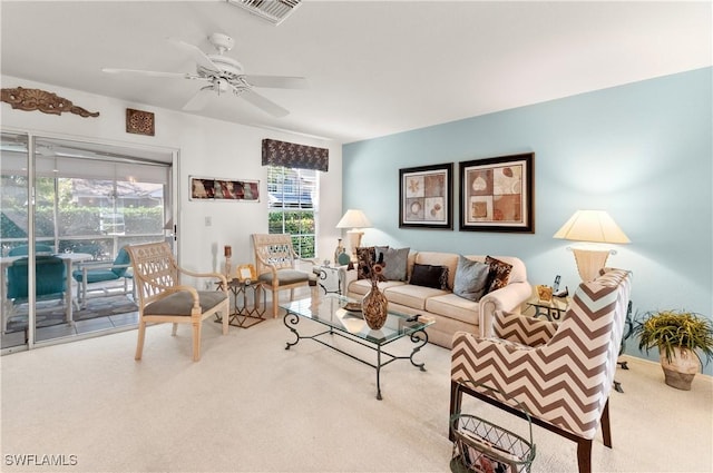4261 Ute Ct, Estero, FL 33928 - living room with carpet floors, visible vents, and a ceiling fan