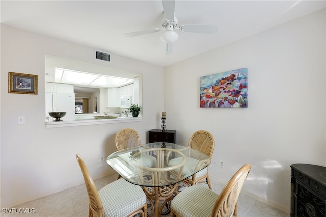 dining room with a ceiling fan, visible vents, and baseboards