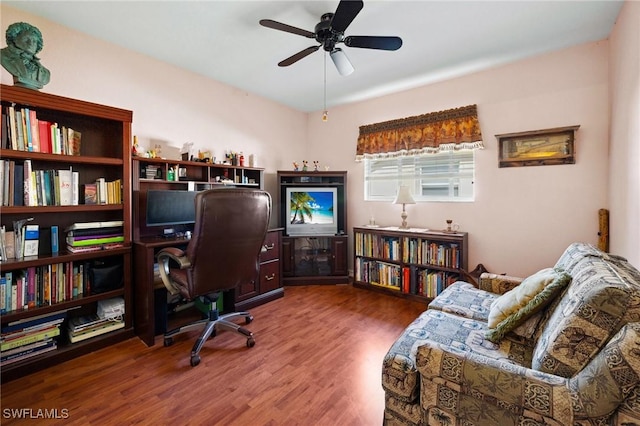 office space featuring dark wood-style floors and a ceiling fan