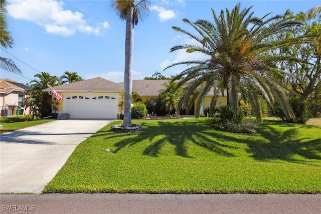 view of front of property with a garage, concrete driveway, and a front yard