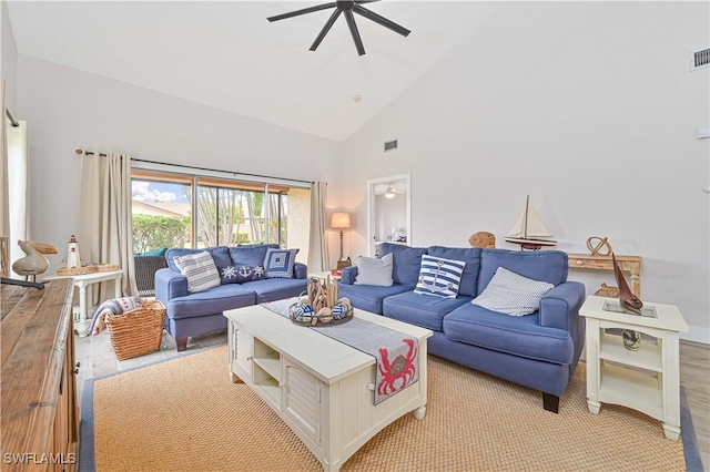 living room with visible vents, high vaulted ceiling, and ceiling fan