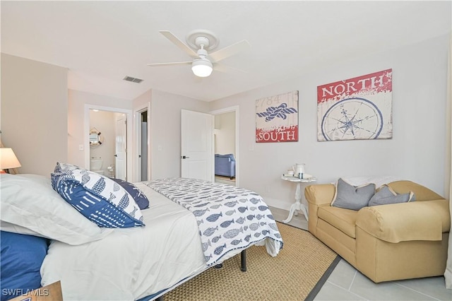 bedroom with visible vents, ceiling fan, and light tile patterned floors