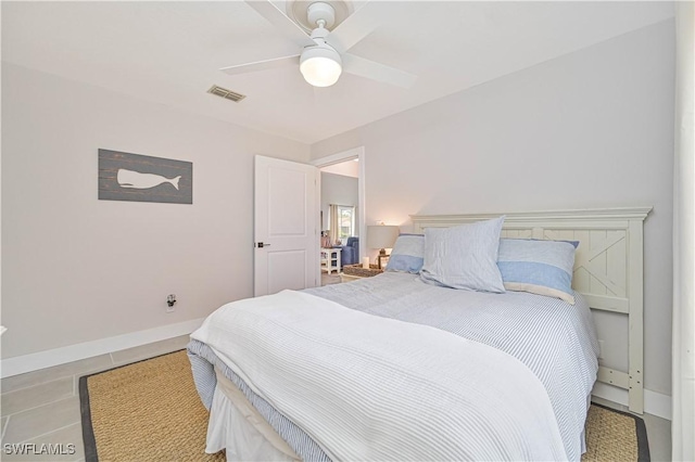 bedroom featuring visible vents, ceiling fan, baseboards, and light tile patterned floors