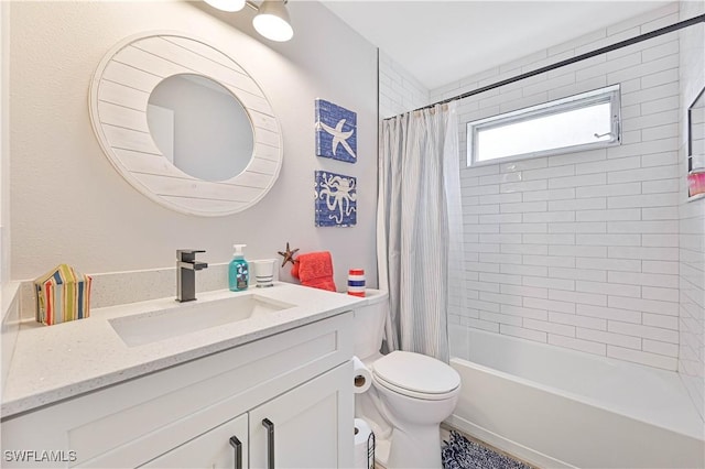 bathroom with toilet, vanity, and shower / bathtub combination with curtain