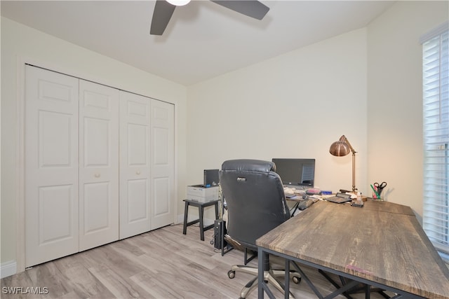 office area with ceiling fan and light hardwood / wood-style floors