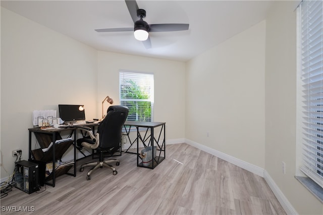 home office featuring ceiling fan and light hardwood / wood-style floors