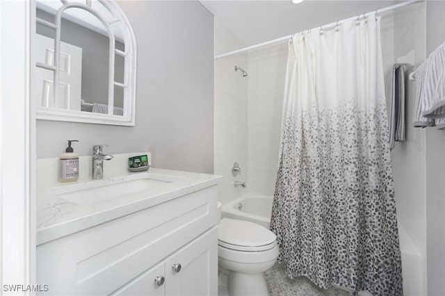 full bathroom with shower / bathtub combination with curtain, vanity, and toilet