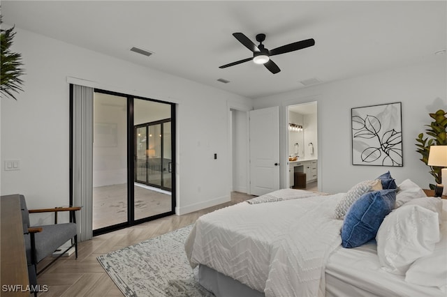 bedroom with baseboards, visible vents, connected bathroom, ceiling fan, and access to exterior